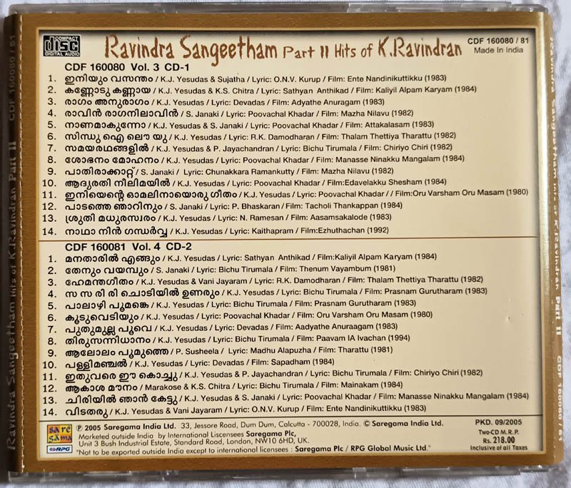Ravindra Sangeetham Part 2 Hits of K Ravindran Malayalam Audio cd