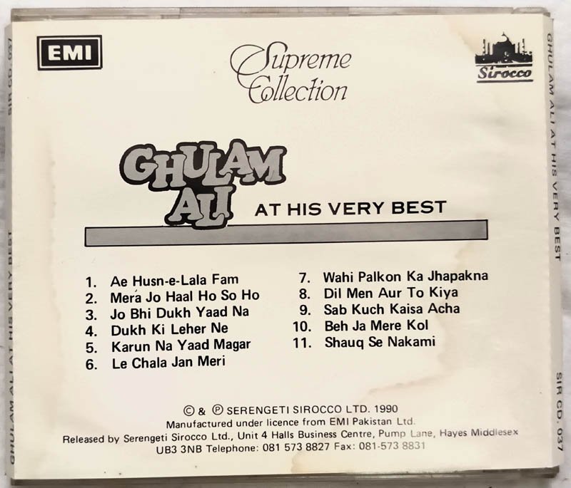 At His Very Best Ghulam Ali Hindi Audio Cd