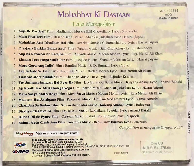 Mohabbat Ki Dastaan Hindi Audio Cd By Lath Mangeshkar