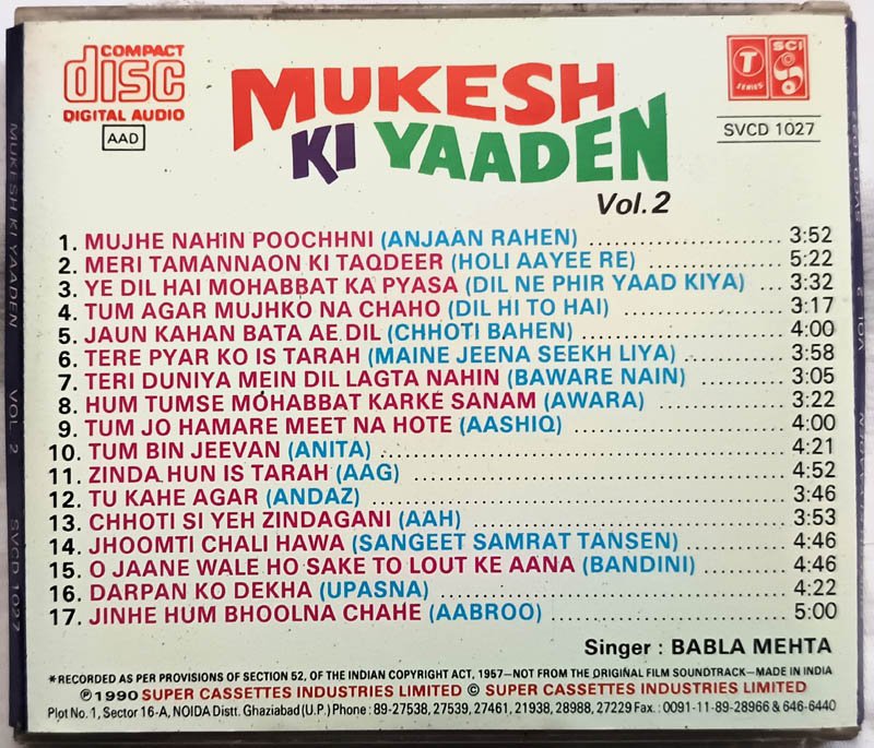 Mukesh Ki Yaaden Vol. 2 Hindi Audio Cd