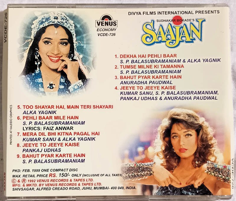 Saajan Hindi Audio cd Music Nadeem Shravan
