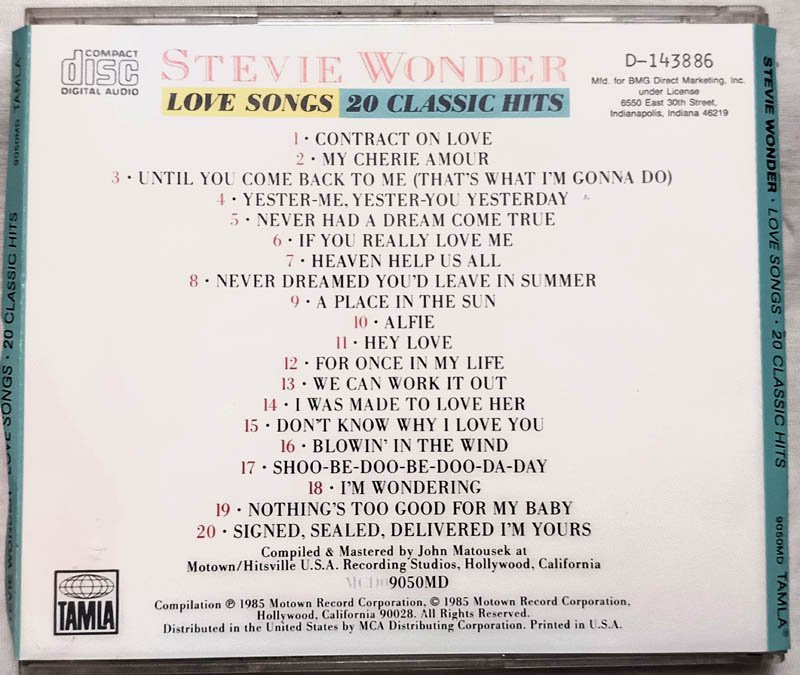 Stevie Wonder Love Songs 20 Classic Hits Audio cd