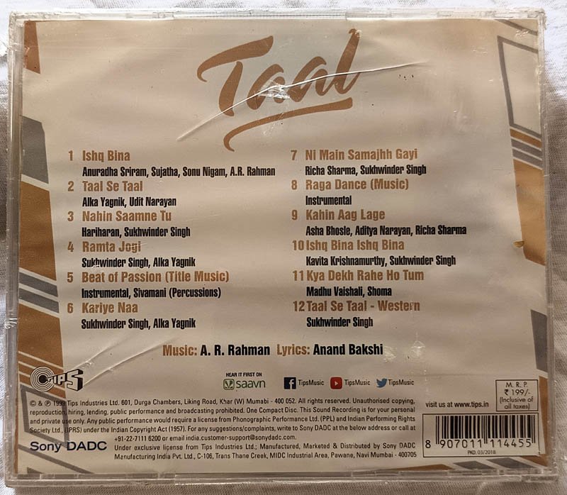 Taal Melodious 90 Audio Cd By A.R.Rahman