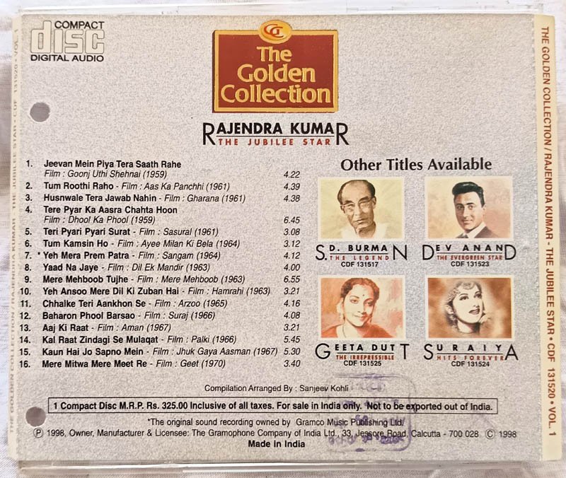 The Golden Collection Rajendra Kumar The Jubilee Star Hindi Film Songs Audio CD