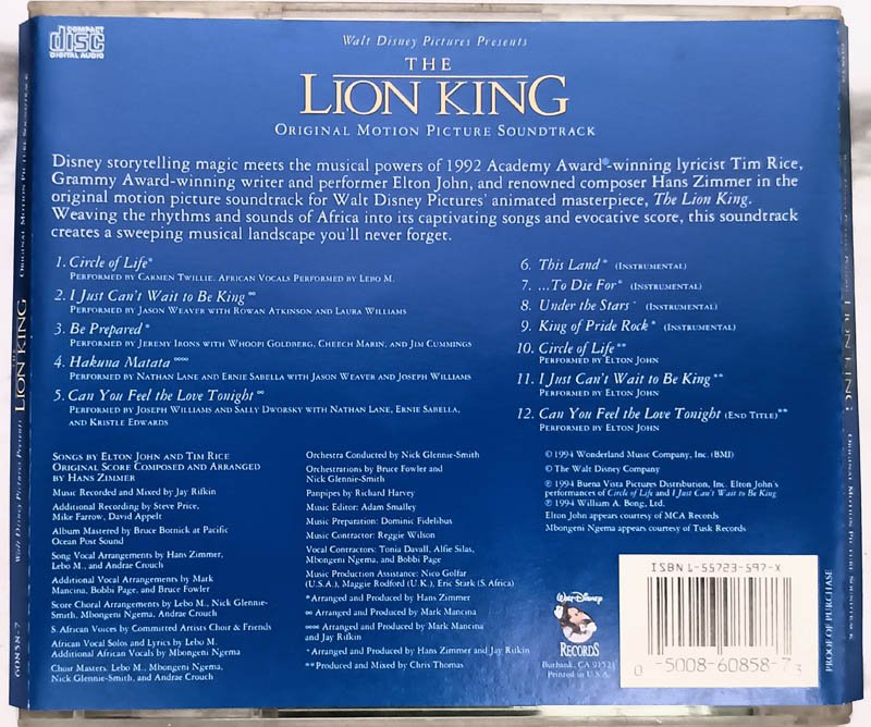 The Lion King Original Motion Picture Soundtrack Audio Cd