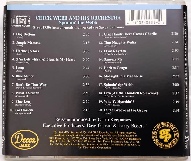 Chick Webb and his orchestra Spinin The Webb Audio cd