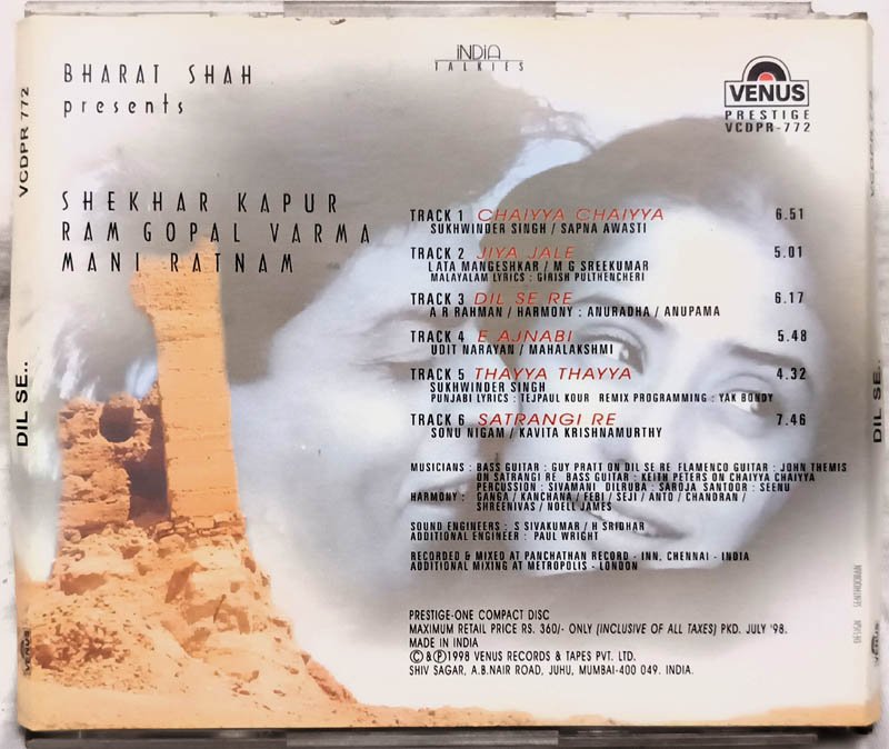 Dil Se Hindi Film Audio cd By A R Rahman