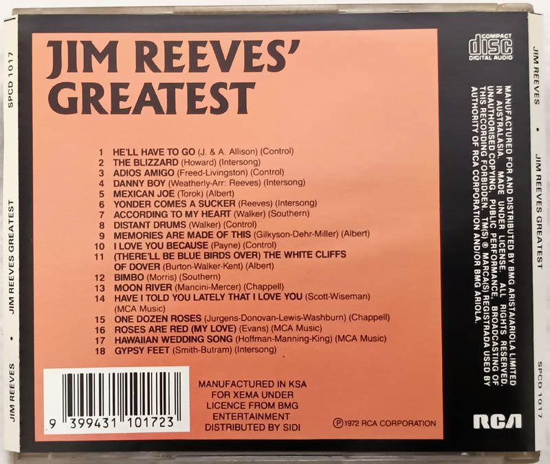 Jim Reeves Greatest Audio cd