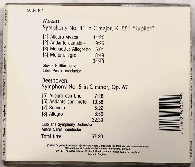 Mozart Symphony No 41 Jupiter Beethoven Symphont No 5 Audio cd.