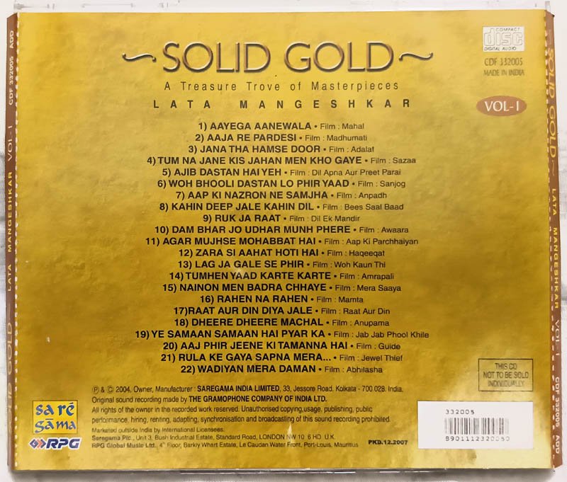 Solid Gold Lata Mangeshkar Vol 1 Hindi Audio cd