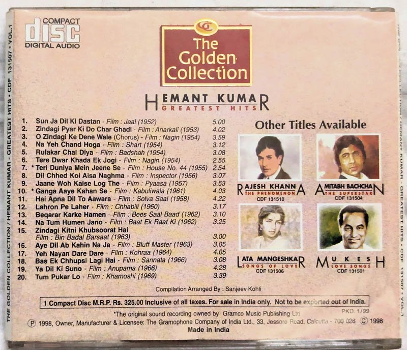 The Golden Collection Hemant Kumar Greatest Hits Hindi Film Songs Audio CD