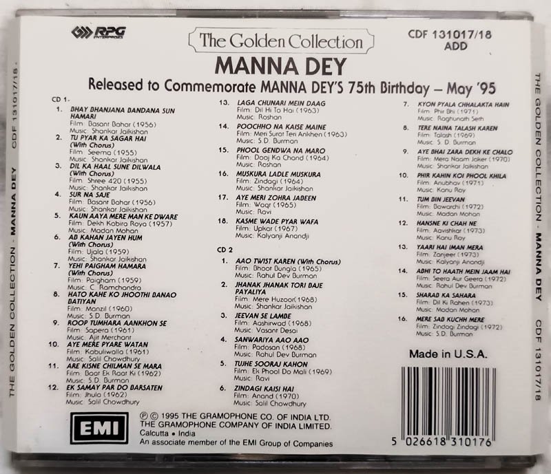 The Golden Collection Manna Dey Hindi Audio cd