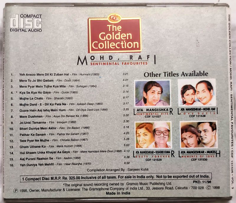 The Golden Collection Mohd Rafi Sentimental Favourites Audio cd