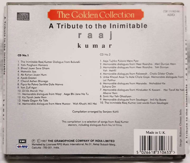 The Golden Collection Raaj Kumar Hindi Film Songs Audio CD