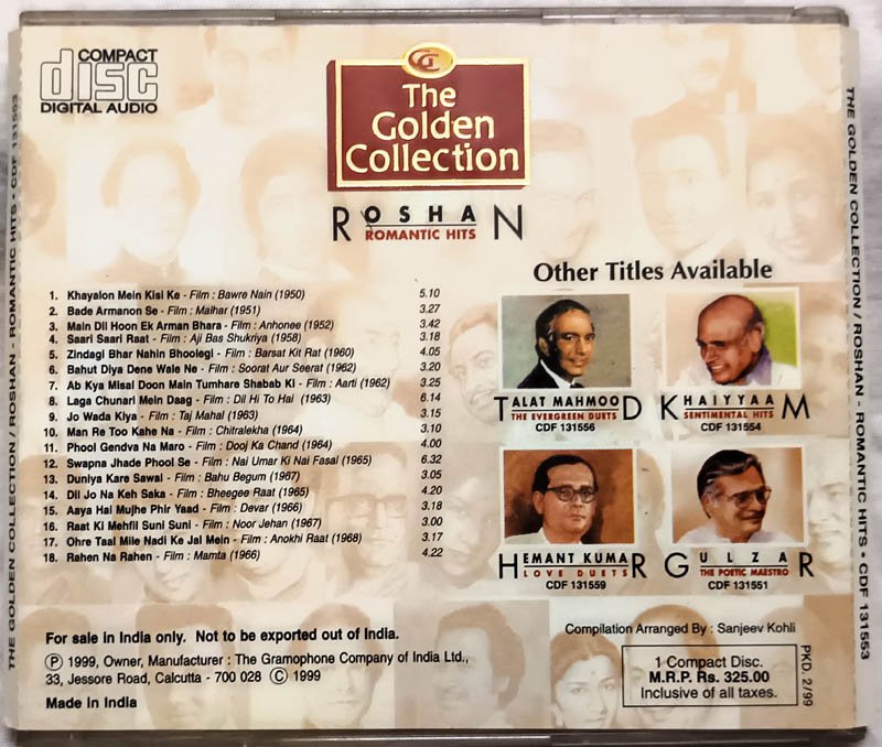 The Golden Collection Roshan Romantic Hits Audio cd