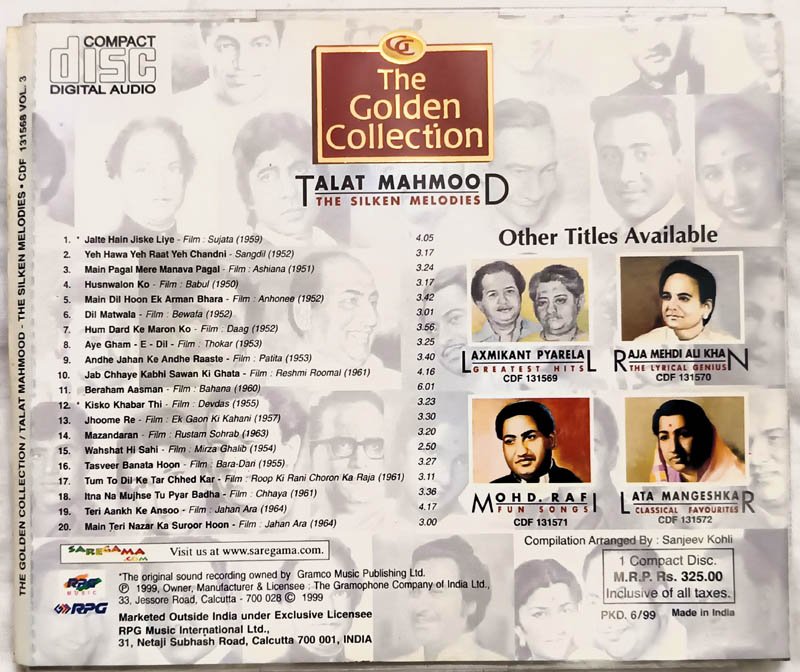 The Golden Collection Talat Mohmood The Silken Melodies Hindi Film Songs Audio CD