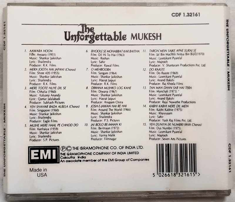 The Unforgettable Mukesh Hindi Audio cd