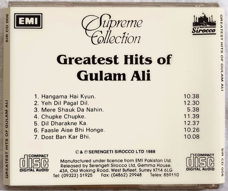 Greatest Hits of Ghulam Ali Supreme Collection Audio cd