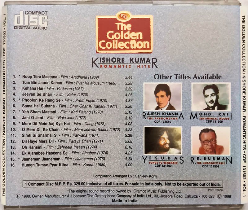The Golden Collection Kishore Kumar Romantic Hits Hindi Audio CD
