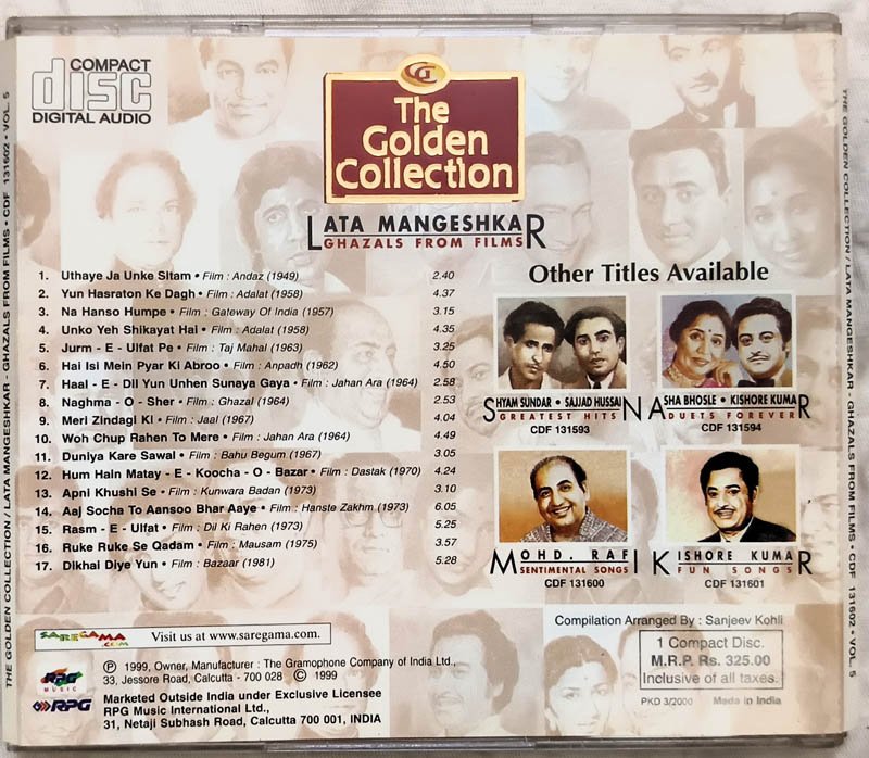 The Golden Collection Lata Mangeshkar Ghazals From Films Hindi Audio cd