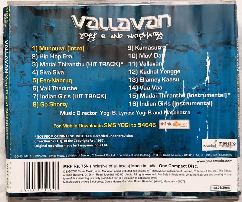 Vallavan Yogi B and Natchatra Tamil Audio Cd