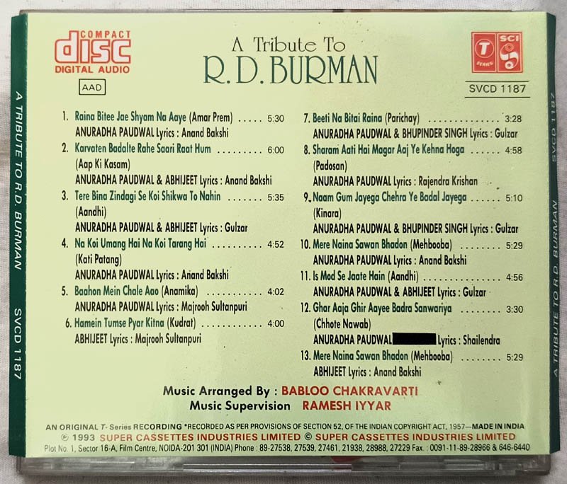 A Tribute R.D.Burman Hindi Audio Cd