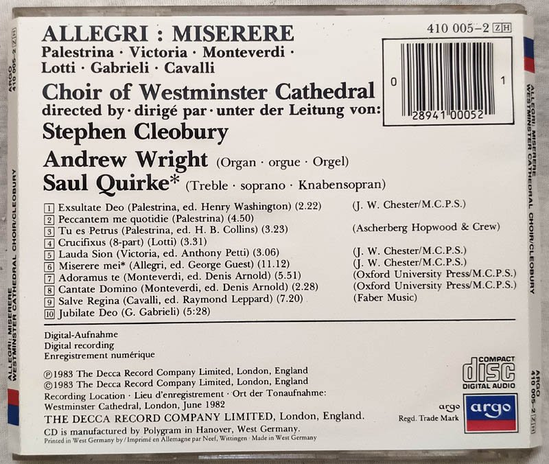 Allegri Miserere westminster Cathedral ChoirCleobury English Audio Cd .