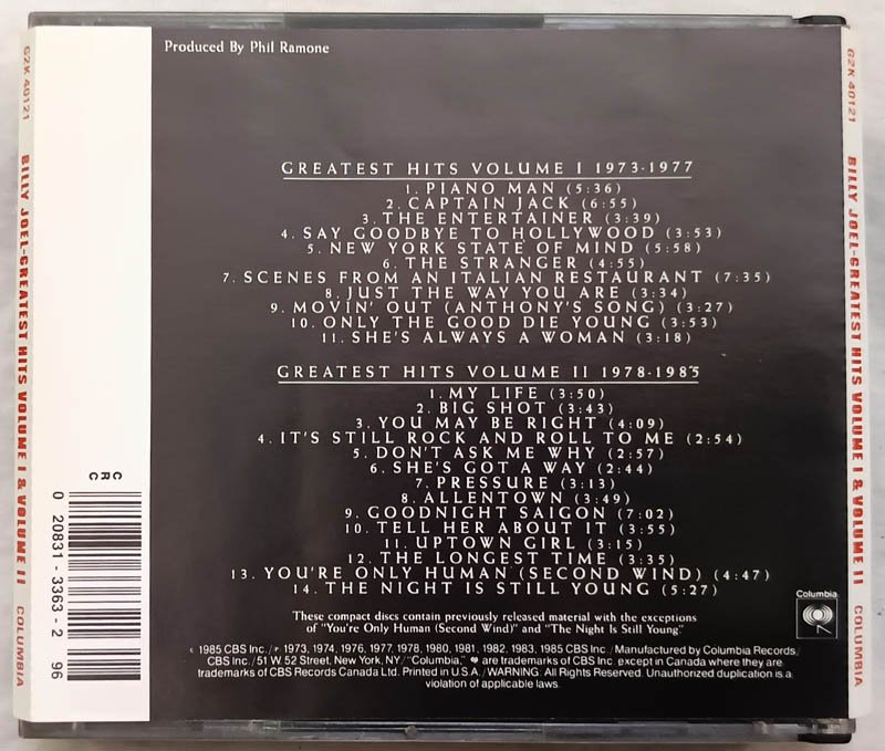 Billy Joel Greatest Hits Volume 1 and Volume 2 Audio Cd.