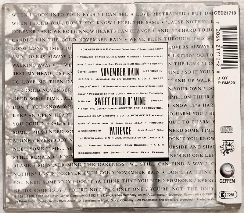 Guns N Roses November Rain Audio cd.