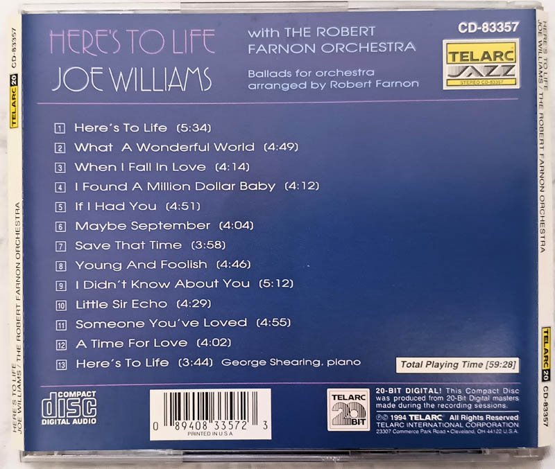 Here is to life Joe Williams The Robert Farnon Orchestra English Audio Cd