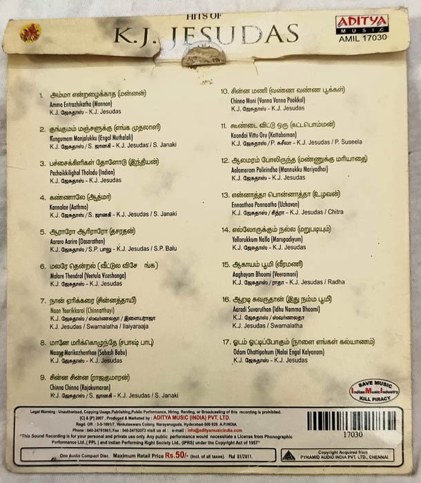 Hits of K J Yesudas Tamil Film Songs Audio cd.