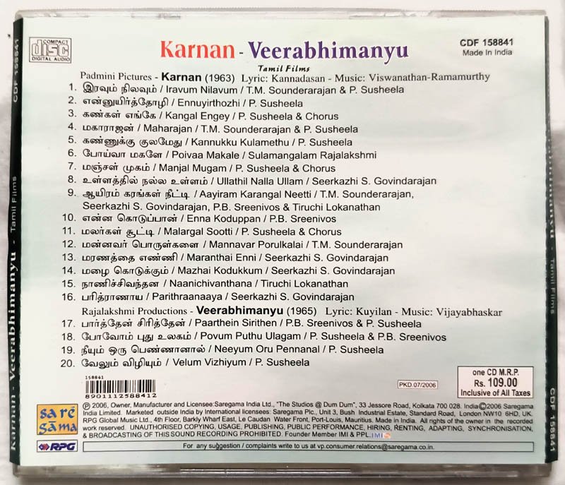Karnan-Veerabhimanyu Tamil Films Audio Cd.