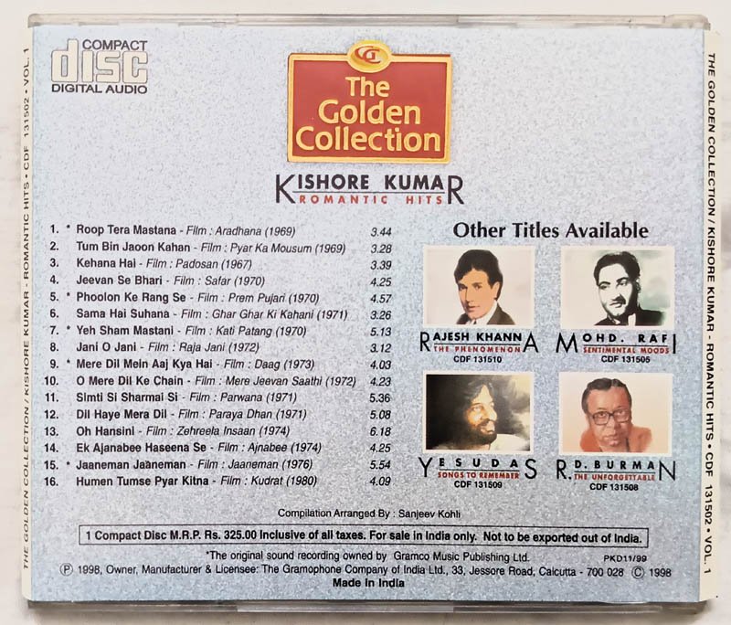 The Golden Collection Kishore Kumar Romantic Hits Hindi Audio Cd.