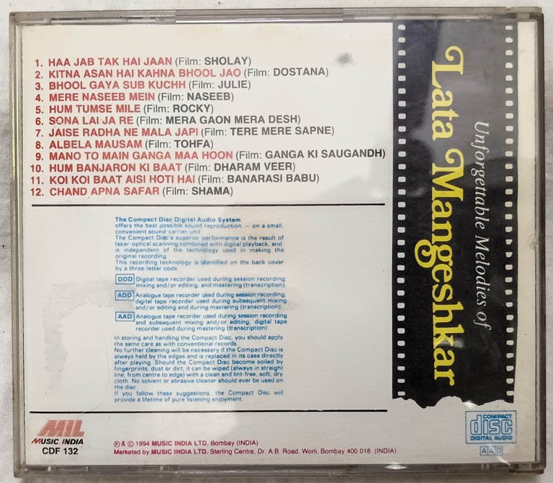 Unforgettable Melodies of Lata Mangeshkar Hindi Audio cd.