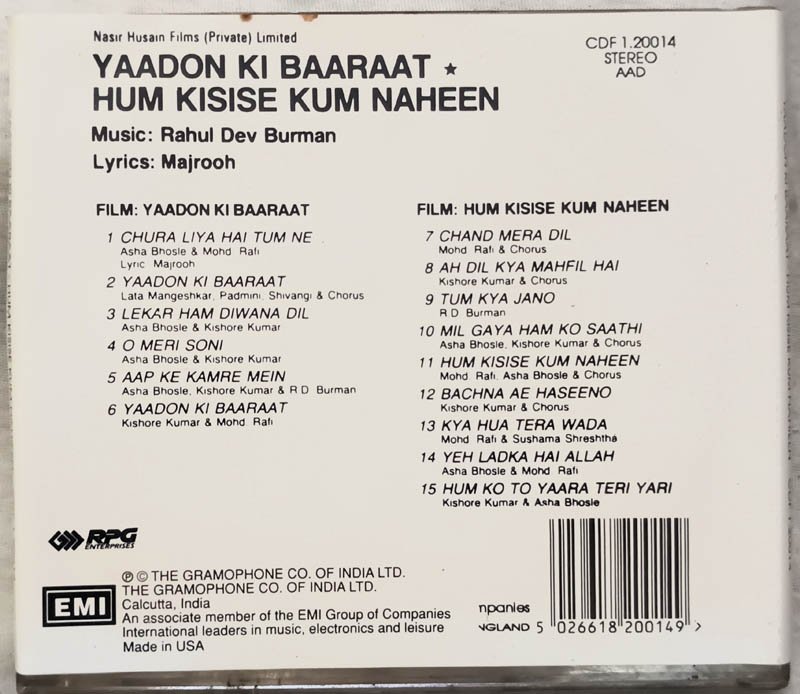 Yaadon Ki Baaraat-Hum Kisise Kum Naheen Hindi Film Audio cd By Rahul Dev Burman