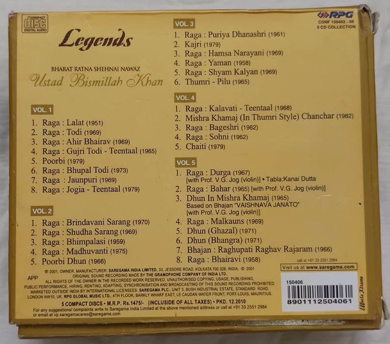 Legends Bharat Ratna Ustad Bismillah Khan Audio cd