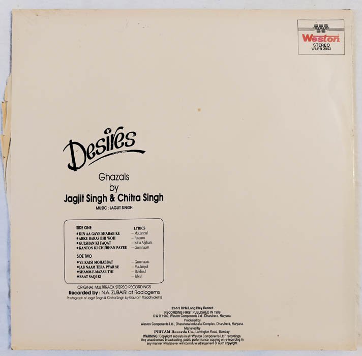 Desires Jagjit Singh & Chitra Singh Hindi Vinyl Record