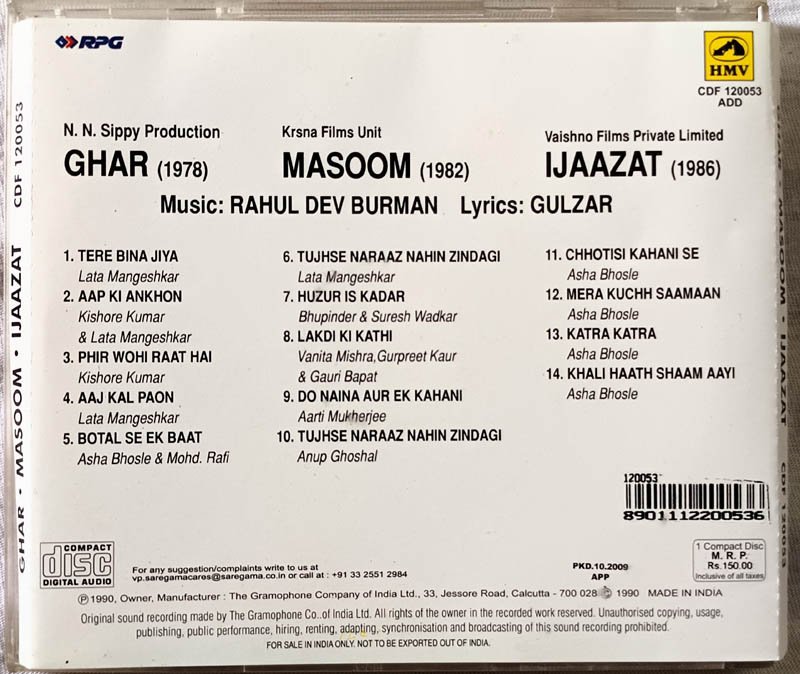 Ghar-Masoom-Ijaazat Hindi Audio Cd By Rahul Dev Burman.