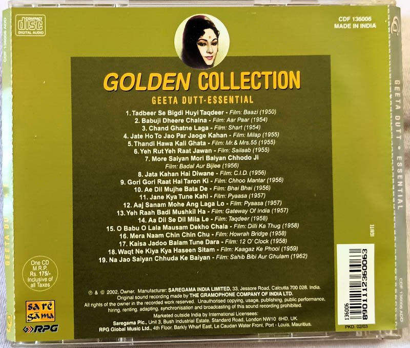 Golden Collection Geeta Dutt Essential Hindi Audio cd.