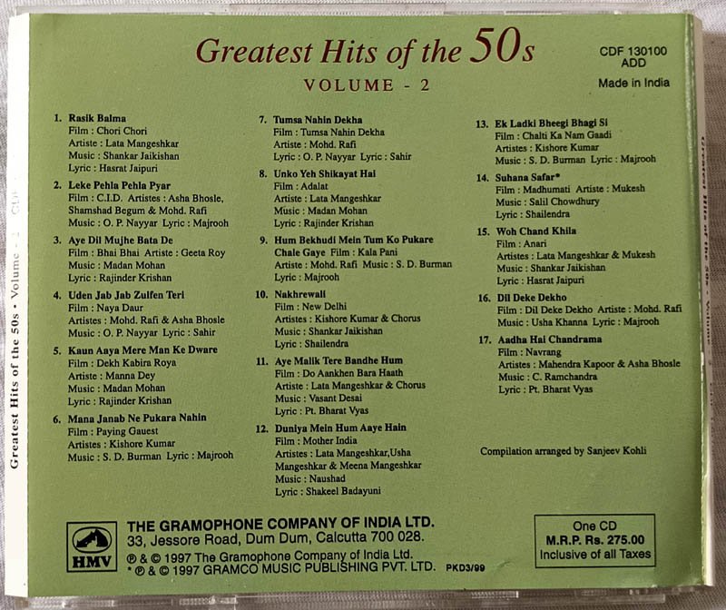 Greatest Hits of the 50s Hindi Audio cd.