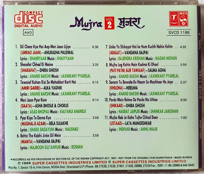 Mujra Ghazal Vol 2 Hindi Audio cd