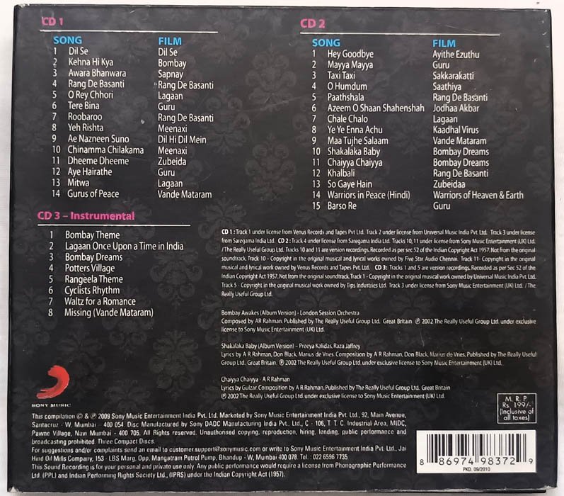 A.R.Rahman World of Music 3 cd pack Hindi Audio Cd.