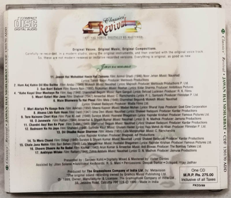 Classics Revival Jawan Hai Mohabbat Hindi Audio Cd