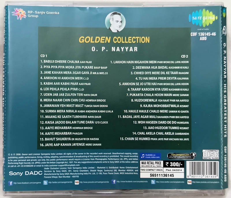 Golden Collection O.P.Nayyat His Greatest Hits Hindi Audio Cd