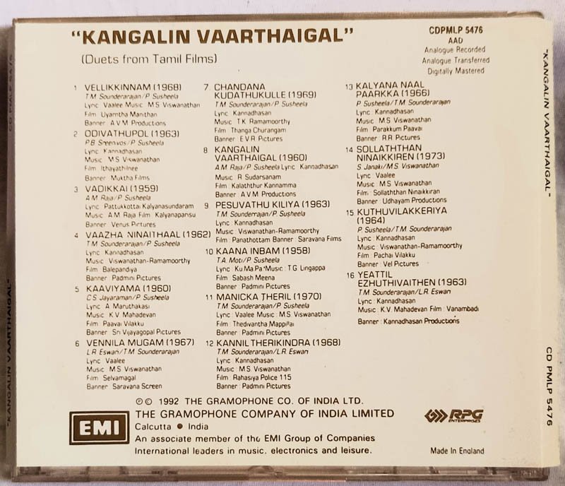 Kangalin Vaarthaigal Duets Tamil Films Audio cd.