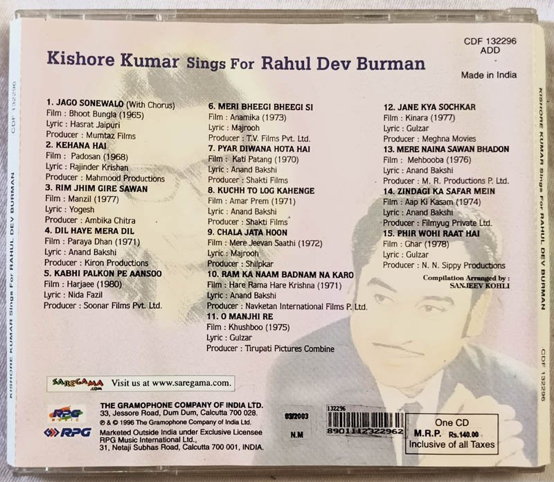 Kishore Kumar Sings fo Rahul Dev Burman Hindi Audio Cd.