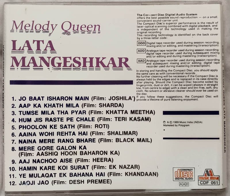 Melody Queen Lata Mangeshkar Hindi Audio cd.