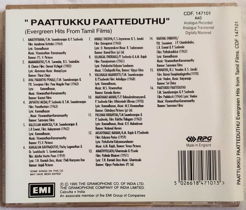 Paattukku Paatteduthu Evergreen Hits from Tamil Film Audio cd