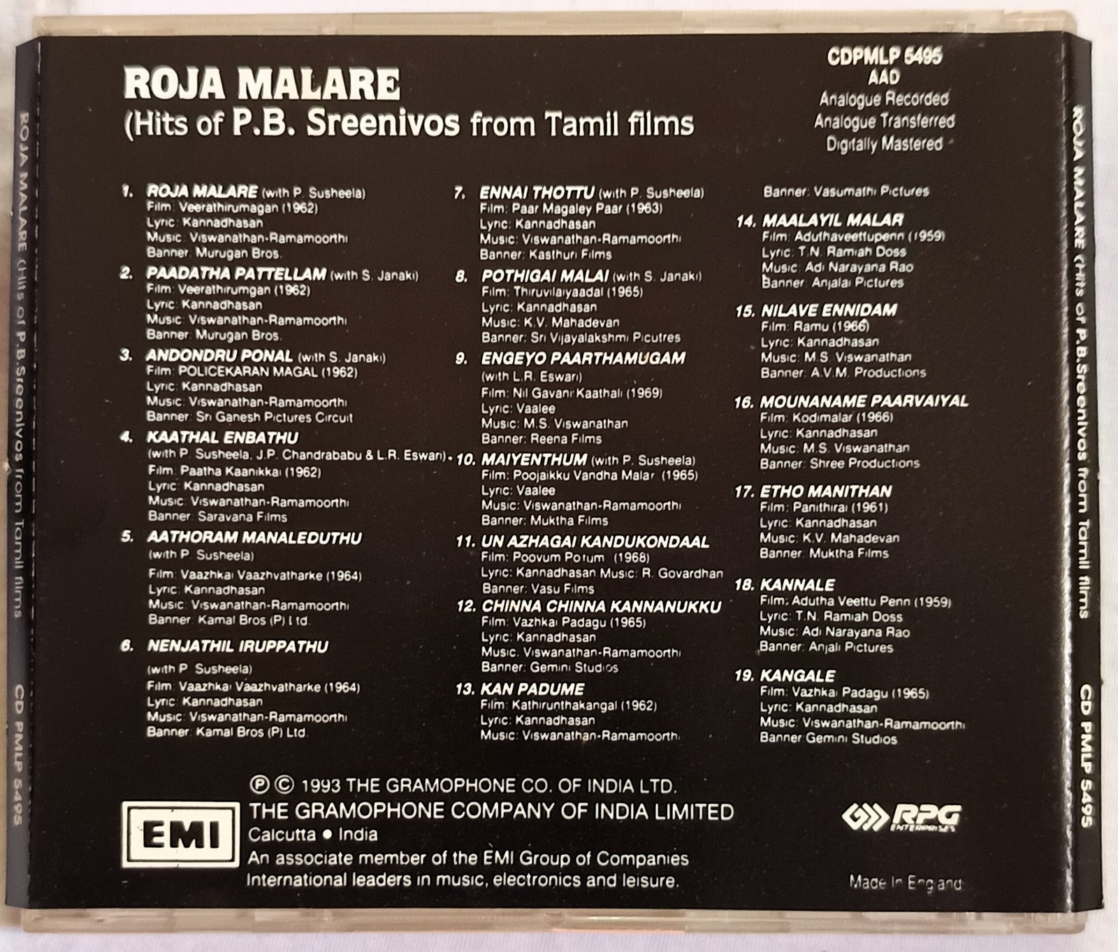 Roja Malare Hits of P B Sreenivos From Tamil Films Audio cd. - Image 2