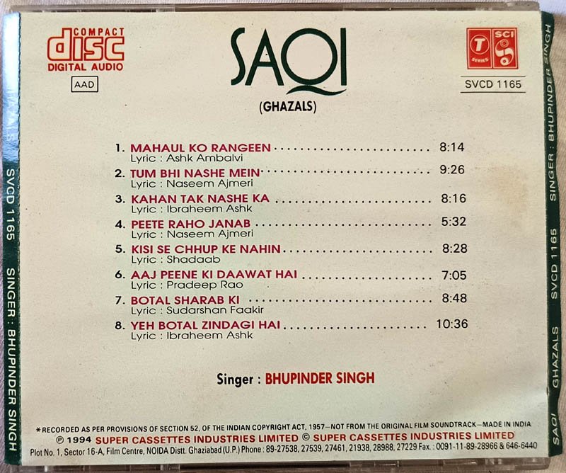 Saol Ghazals Bhupinder Singh Hindi Audio Cd .